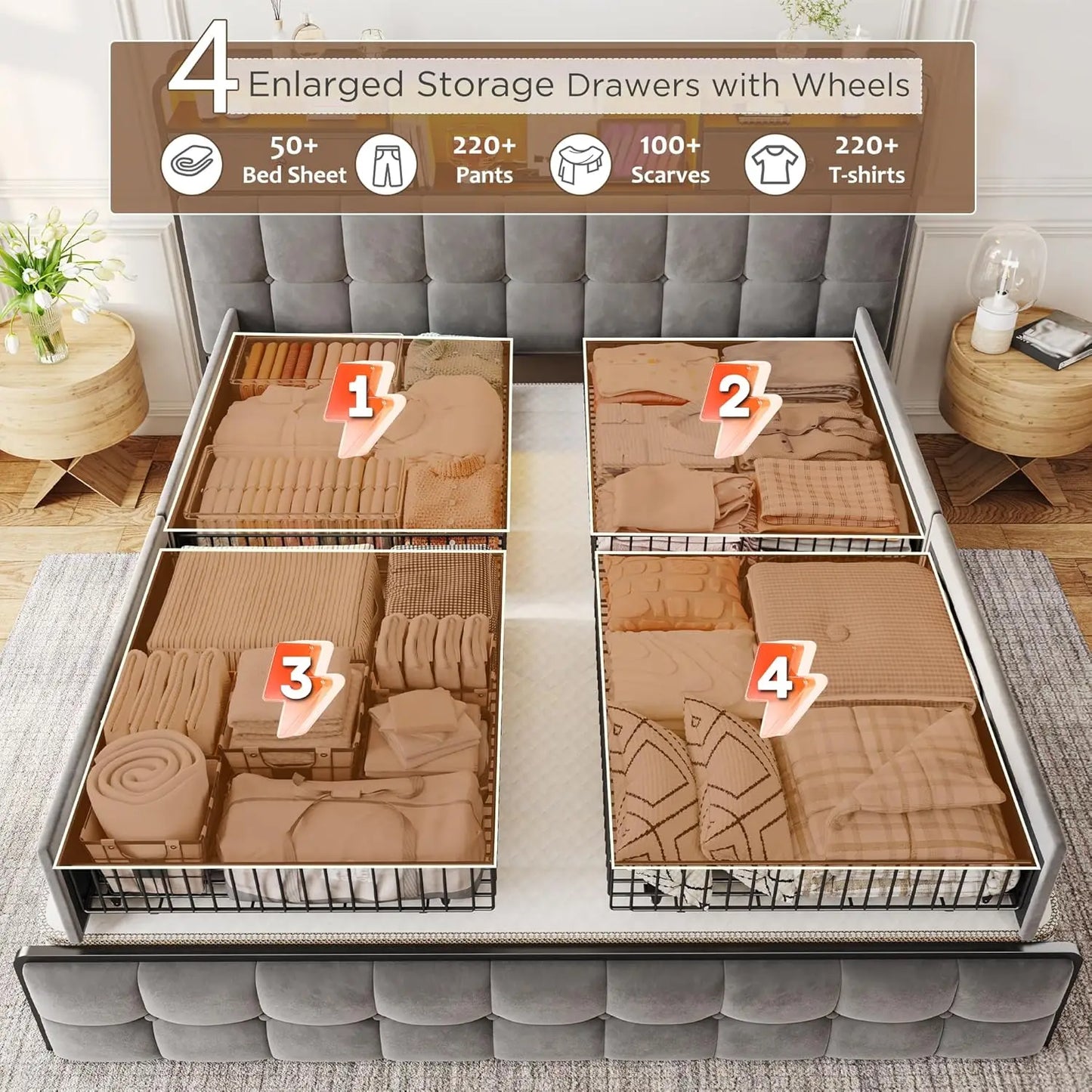 Base de Cama King con 6 Cajones, Luces LED, Cabecera de Terciopelo, Estación de Carga, Sin Somier, Silenciosa, Fácil Montaje, Gris