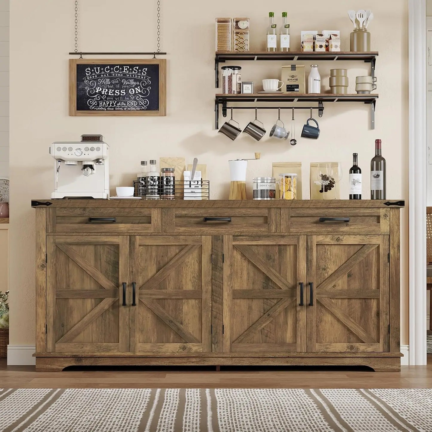 59" Large Buffet Cabinet with 4 Doors 3 Drawers Adjustable Shelves Coffee Wine Bar Storage Living Room, Customized