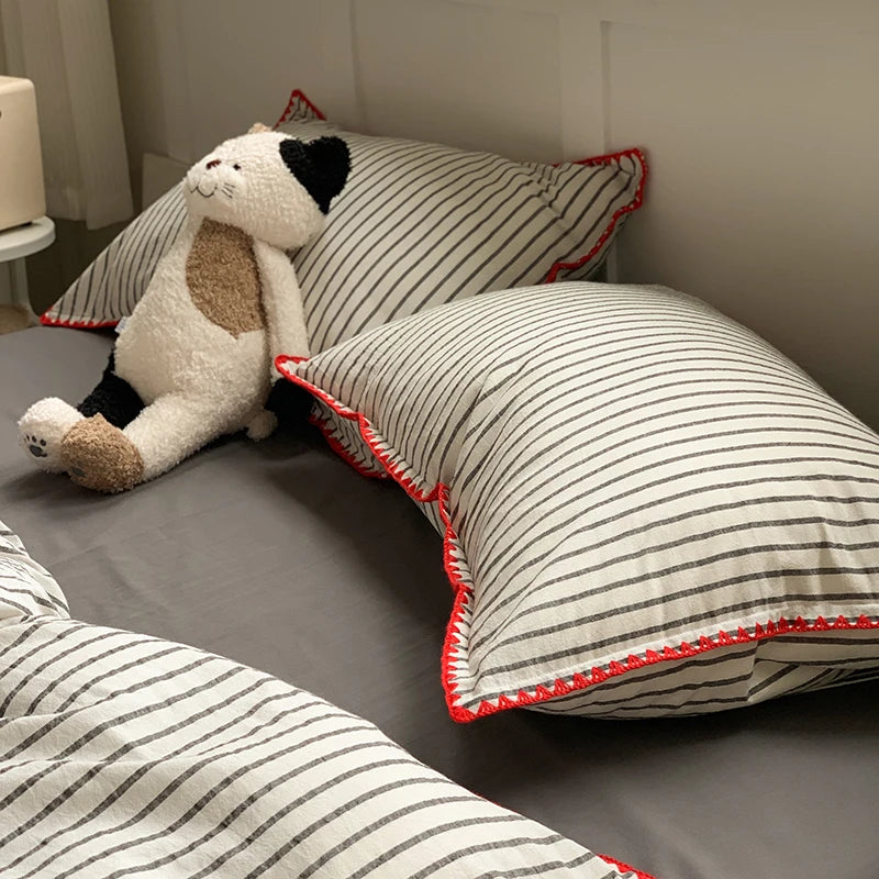Juego de cama 100% de algodón a rayas, funda nórdica con funda de almohada, funda de edredón, tamaño King