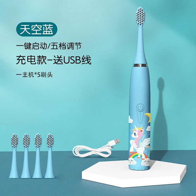 Cepillo de dientes eléctrico para niños, venta al por mayor, pelo suave de dibujos animados, IP7, resistente al agua, vibración ultrasónica, regalos