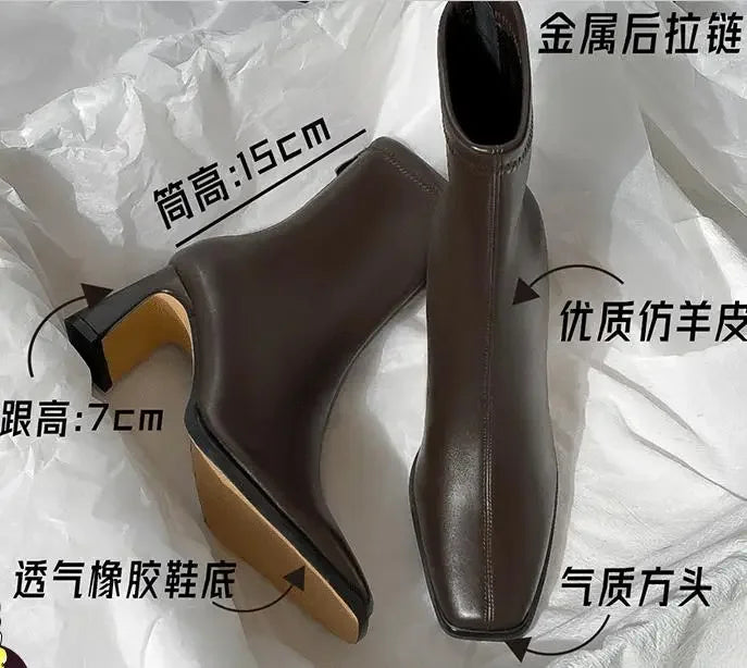 Botines cuadrados de otoño, cómodas botas de tacón alto de cuero suave, zapatos de mujer de temperamento Simple con cremallera a la moda