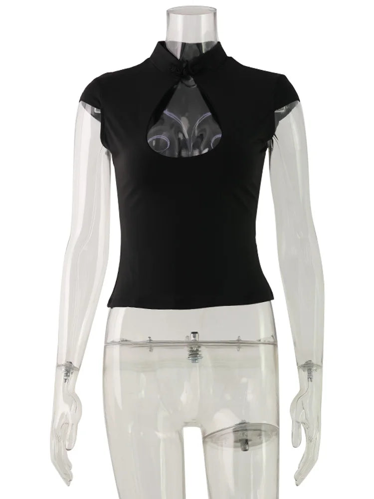 Camiseta de Verano para Mujer Ahagaga Fashion, Versátil, con Cintura Ajustada, Escote en el Pecho, Mangas Cortas, Estilo Y2K, Sexy y Casual