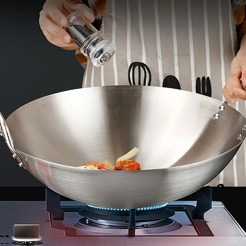 Wok grande de acero inoxidable, sartén de Chef duradera gruesa sin recubrimiento de alta calidad con asas dobles, fácil de limpiar para uso comercial, 1 ud.