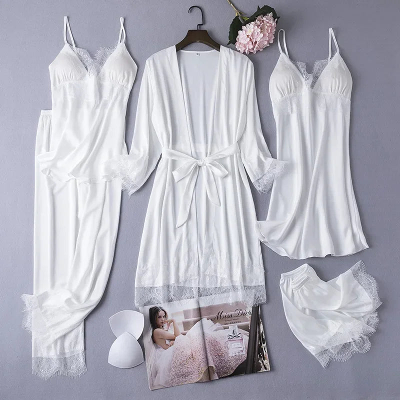 Conjunto de pijama de seda blanca para mujer, bata de boda de 5 piezas, camisón Sexy de encaje, ropa de dormir, Kimono, albornoz, lencería