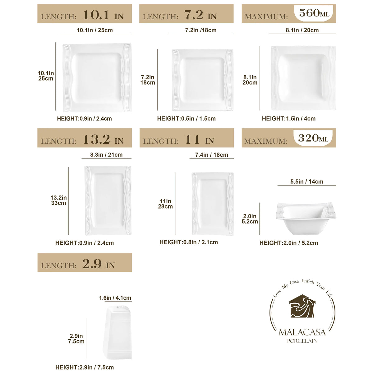 MALACASA Juego de vajilla cuadrada, platos y cuencos de porcelana blanca de 28 piezas, juego de cena para sal, pimienta, ensalada, Pasta