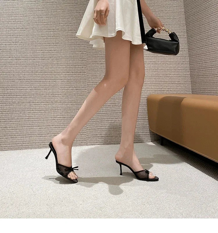 Sandalias de verano para mujer, tacones altos elegantes a la moda, zapatillas con punta abierta y nudo de mariposa de alta calidad, zapatos de tacón de diseñador de marca para mujer