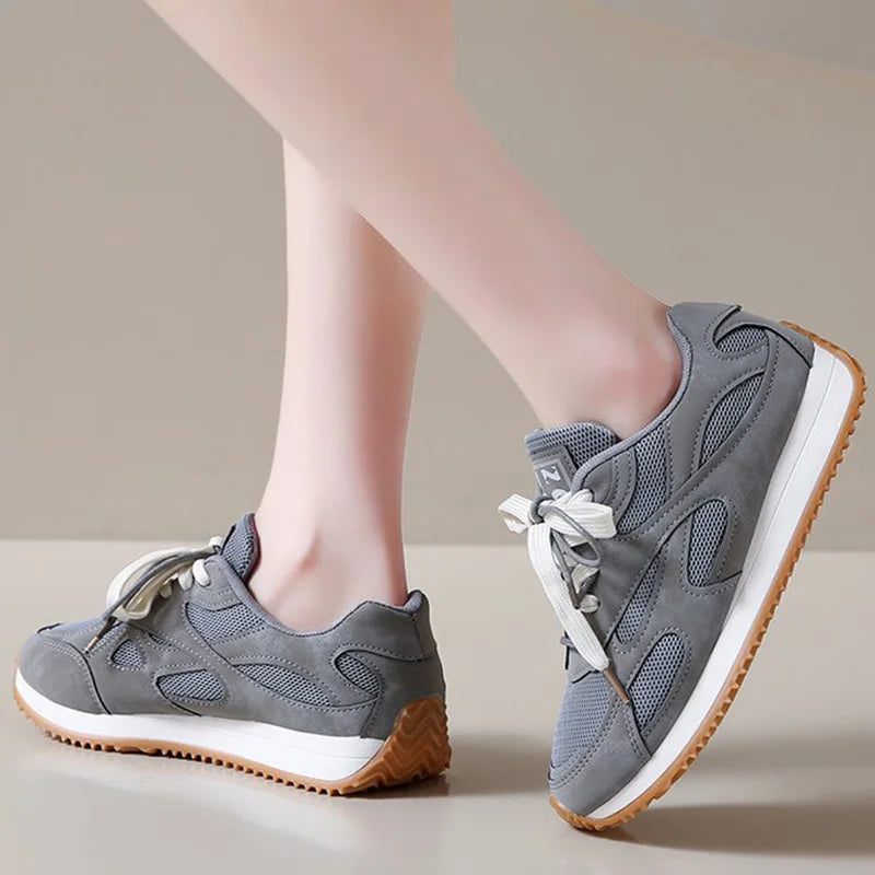 Zapatillas de deporte grises con cordones para Mujer, zapatos deportivos de malla transpirable, zapatos vulcanizados con plantilla suave antideslizante para Otoño e Invierno