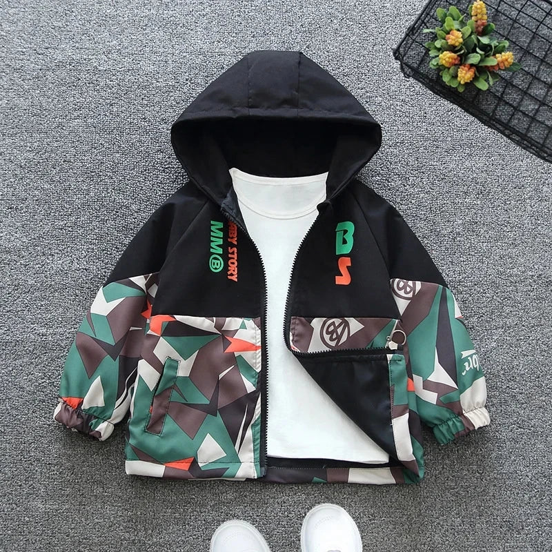 Chaquetas con capucha para niños, abrigo cortavientos fino con cremallera para primavera, estampado informal para niñas, ropa de abrigo para niños, chaqueta de camuflaje