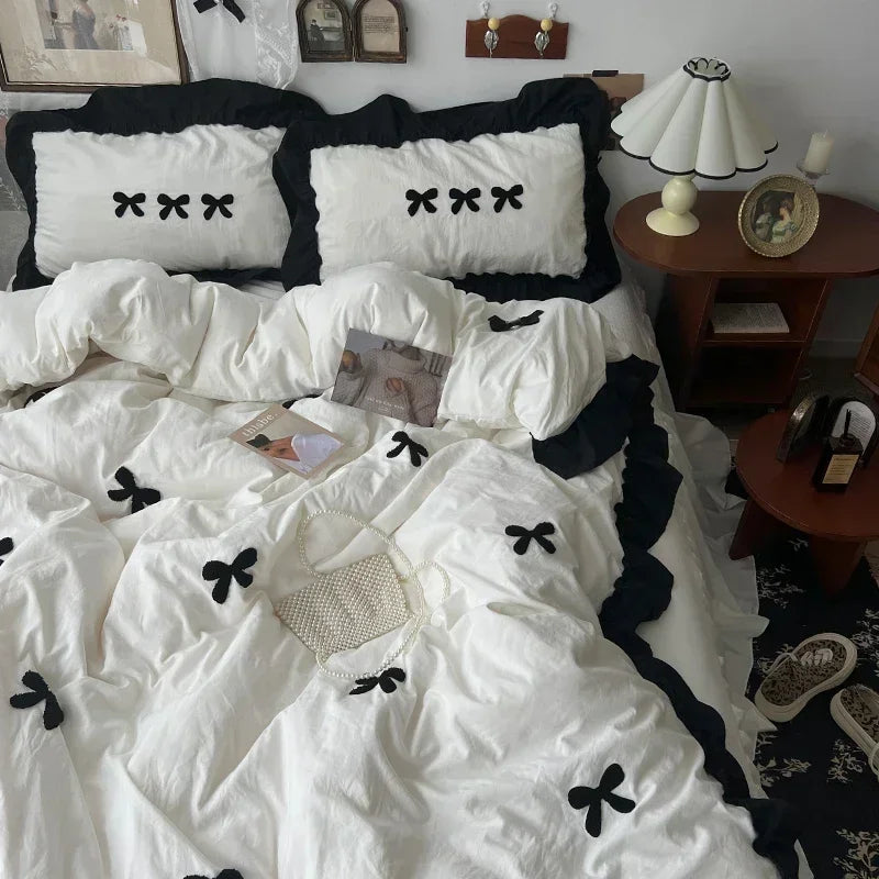 Juego de cama de algodón con lazo negro, funda nórdica suave y agradable para la piel estilo princesa para niña, sábana o funda de almohada para falda de cama