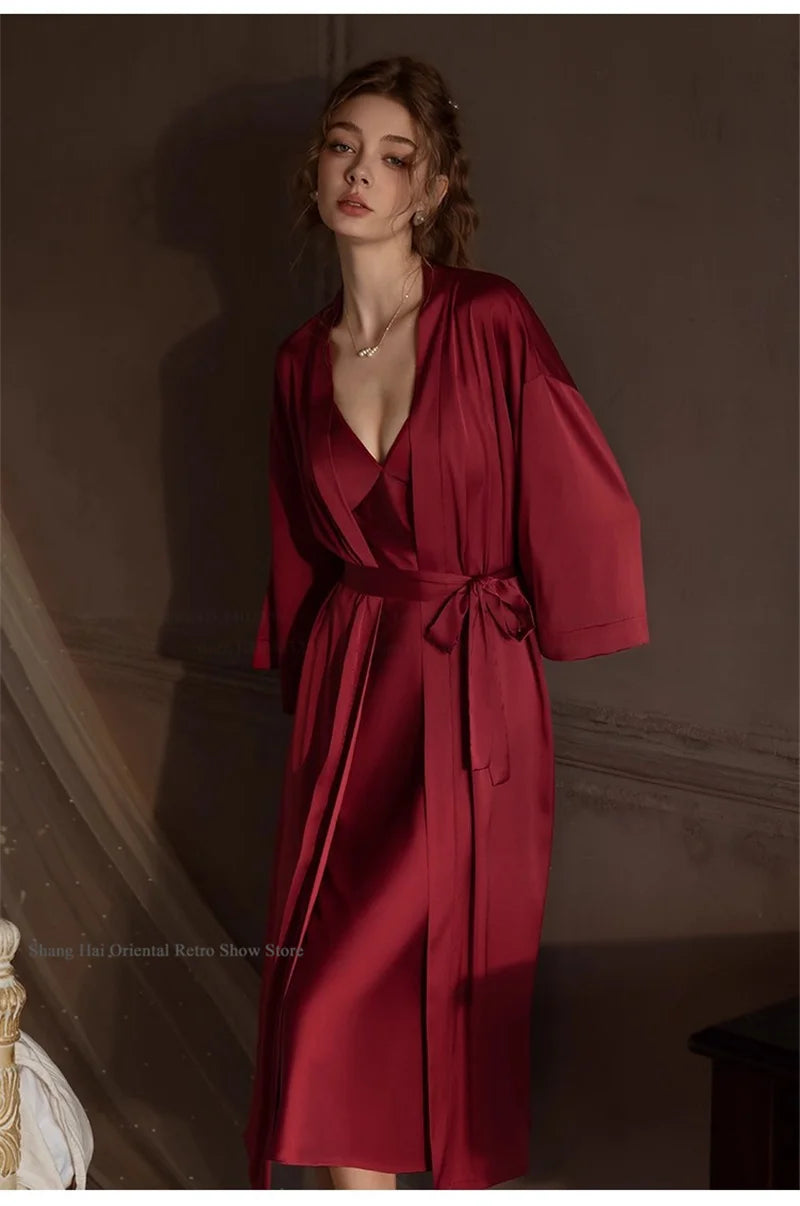 Elegante Conjunto de Bata Larga para Mujer, Lencería Sexy, Ropa de Dormir, Kimono Holgado, Bata de Baño, Vestido de Casa de Satén Sedoso, Ropa de Estar