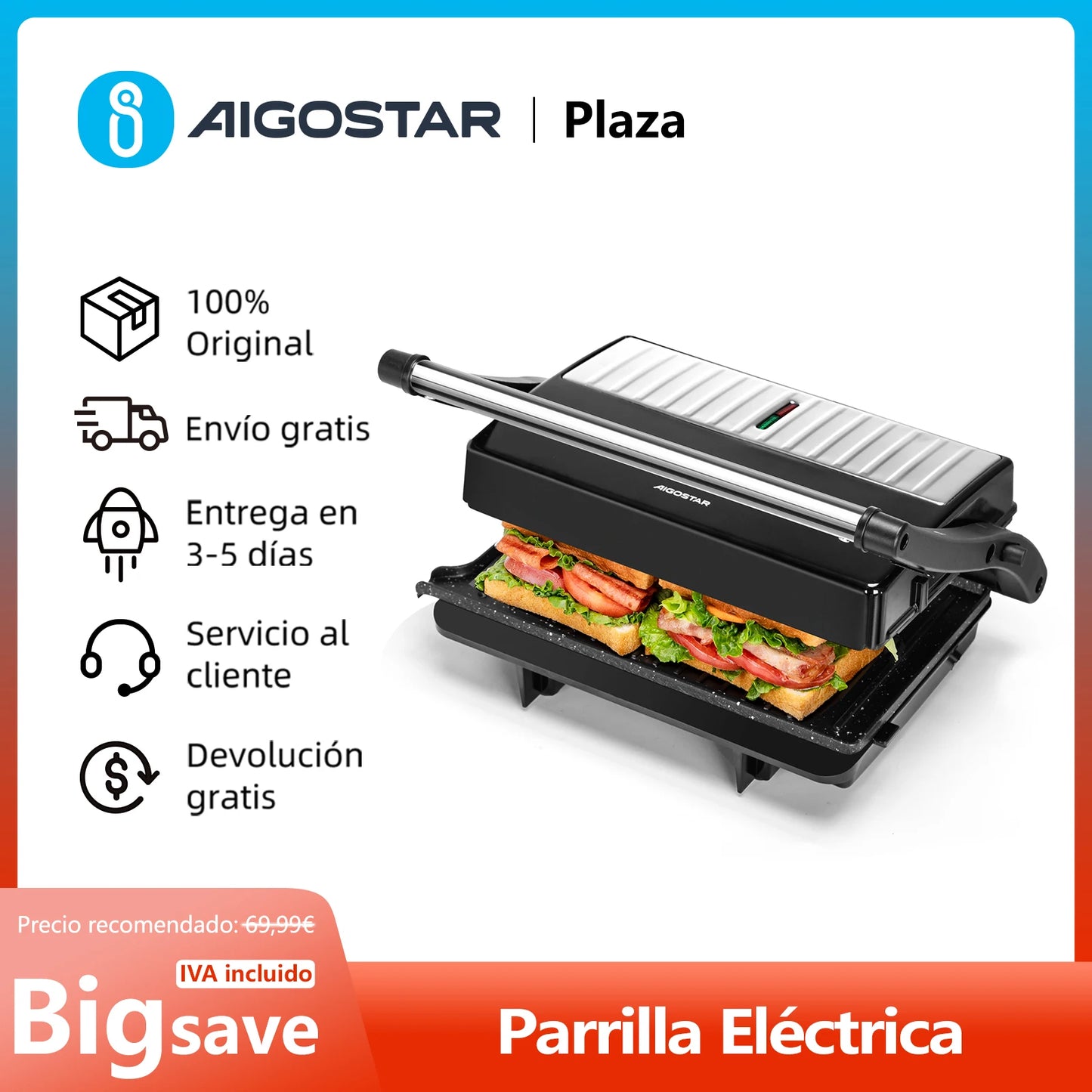 Parrilla Eléctrica, Máquina de Panini y Sandwichera, Apertura 180º, Placas Antiadherentes 23 x 14,5 cm, Libre de BPA, 1000W
