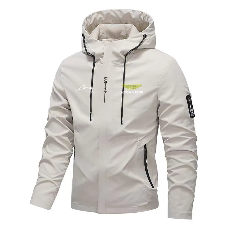 Aston Martin cortavientos con capucha para hombre, chaqueta con cremallera estilo carreras resistente al viento para exteriores, nuevo estilo 2026
