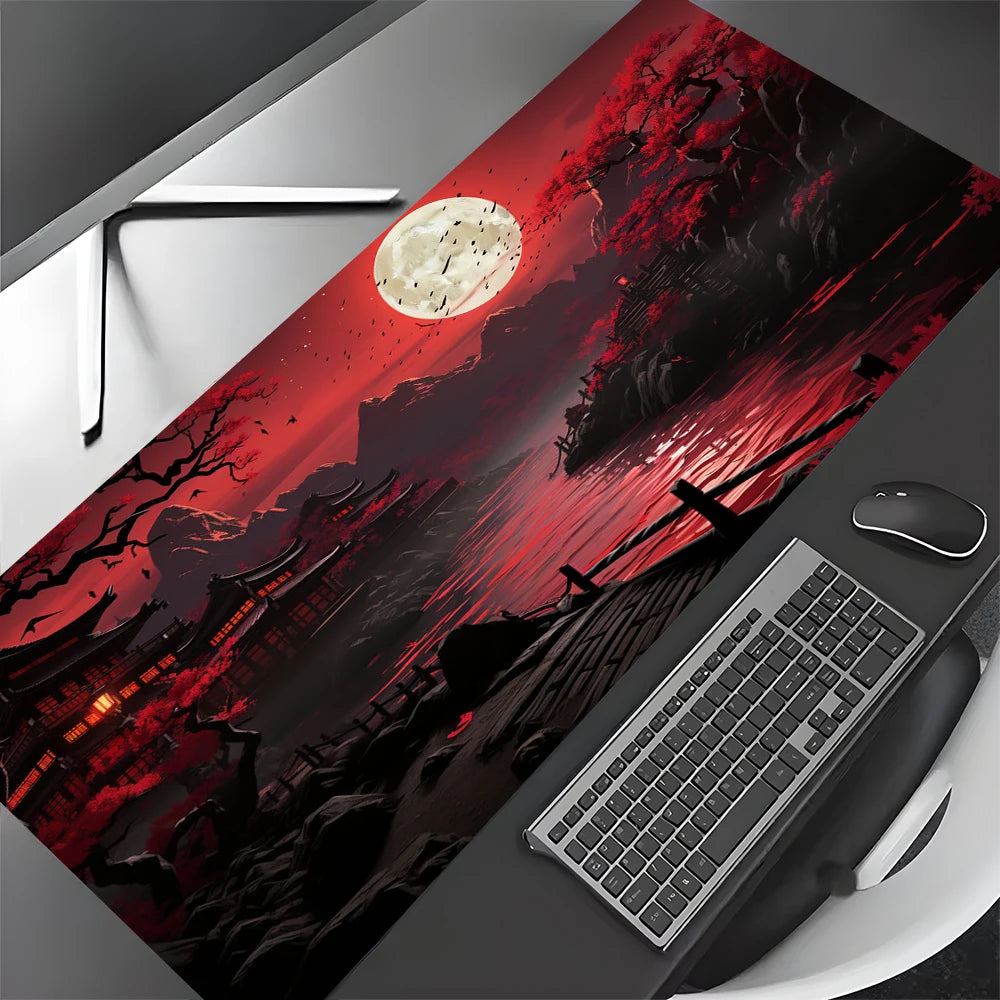 Alfombrilla de ratón grande con paisajes artísticos en rojo y negro, alfombrilla de escritorio duradera antideslizante, accesorios de oficina, alfombrilla para teclado y ratón, Tapis De Bureau