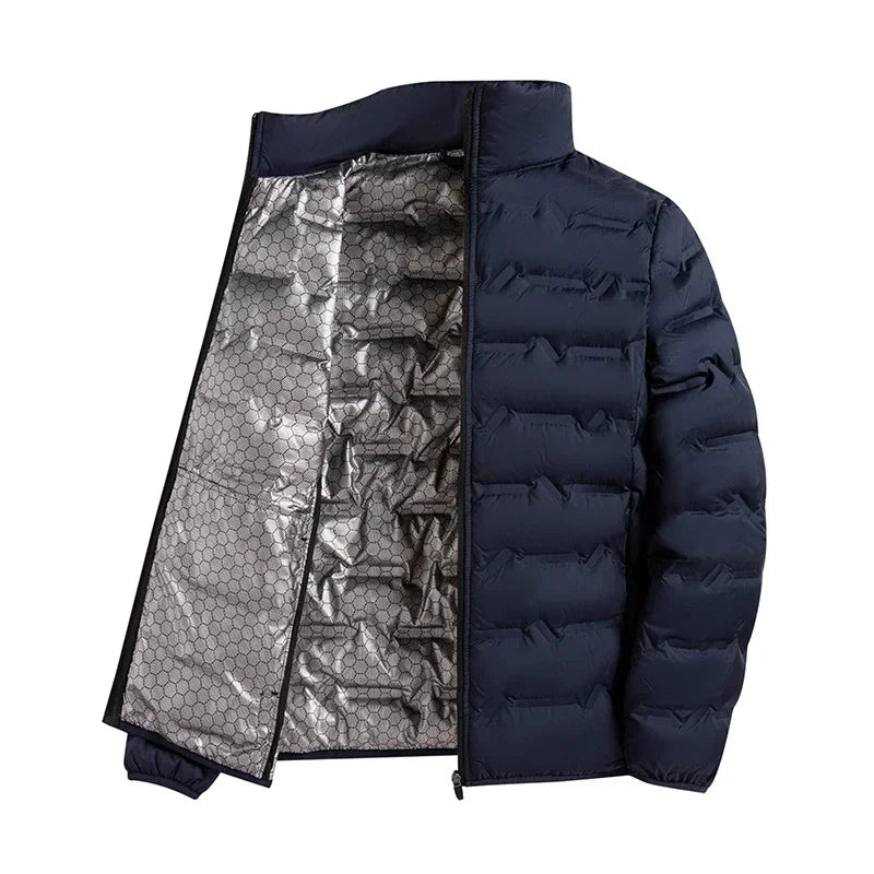 CHUJIE Chaqueta de plumón blanca de invierno para hombre, chaqueta de plumón plisada a prueba de viento con autocalentamiento de grafeno, chaqueta cálida informal con cuello levantado