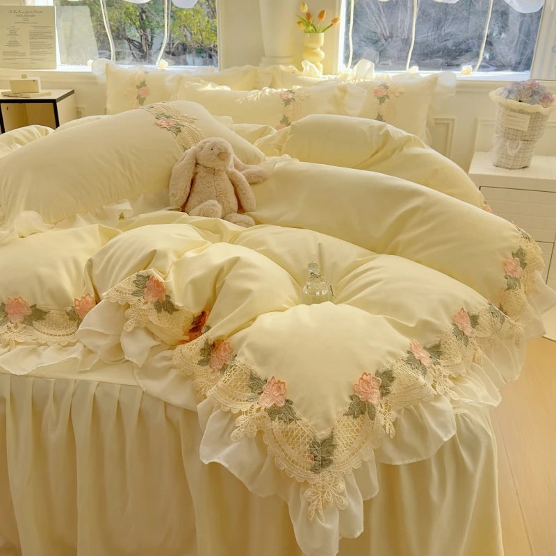 Juego de Ropa de Cama Estilo Princesa INS 2026, con Volantes, Encaje y Lazo, Funda de Edredón Romántica para Mujer, Juego de 4 Piezas