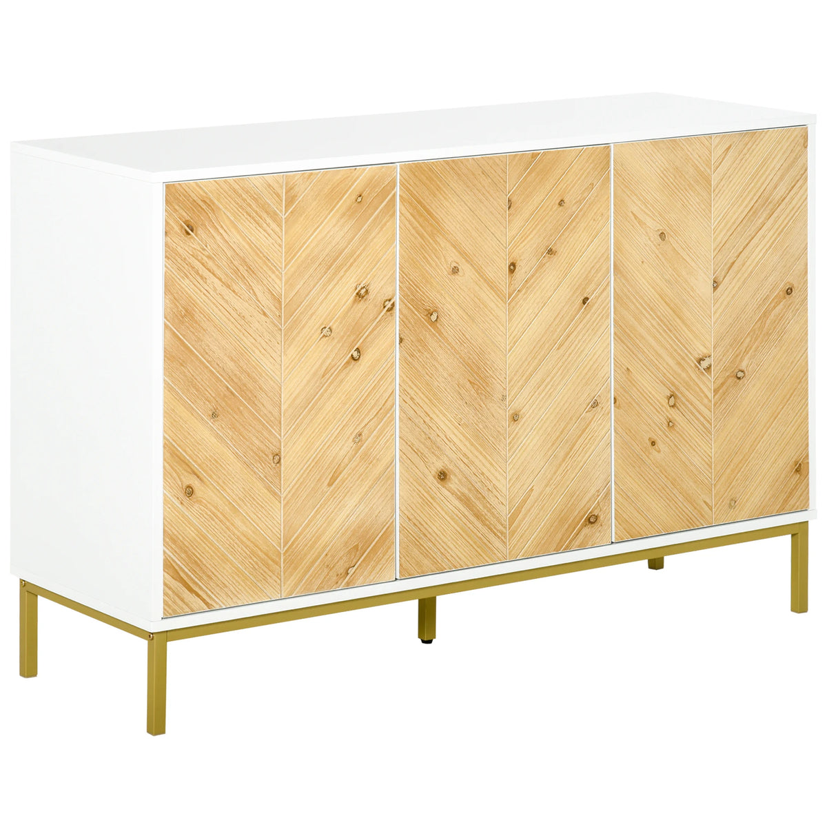 Aparador de 3 Puertas, Mueble de Cocina, Mueble para Cafetería con Patrón Chevron, Estante Ajustable y Patas de Metal, Madera Natural
