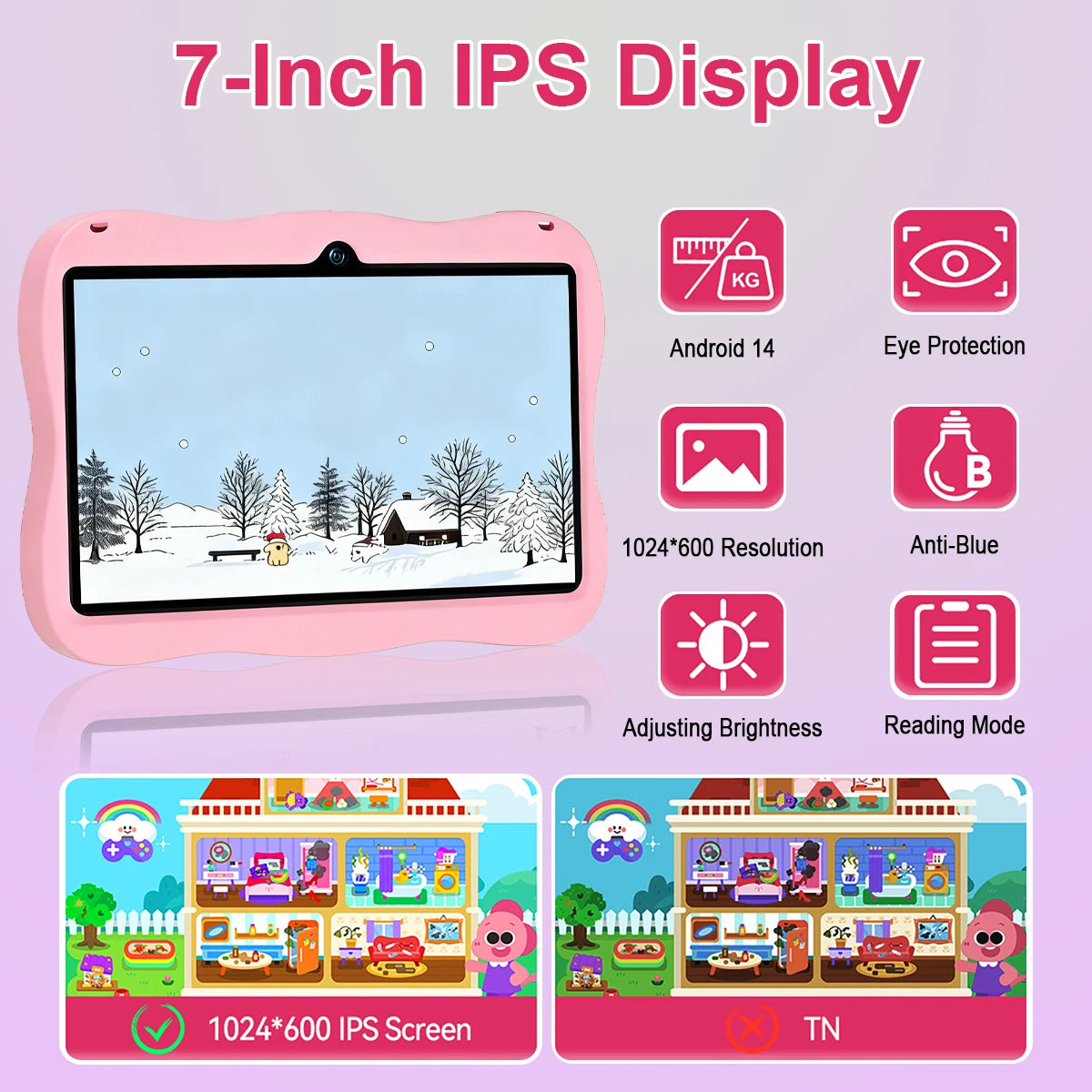 Tablet Android 15 para Niños, 6000mAh, Octa-core, 7 Pulgadas, 4GB RAM, 64GB ROM, WiFi, BT, con Funda Protectora y Lápiz Óptico, Regalo para Niños