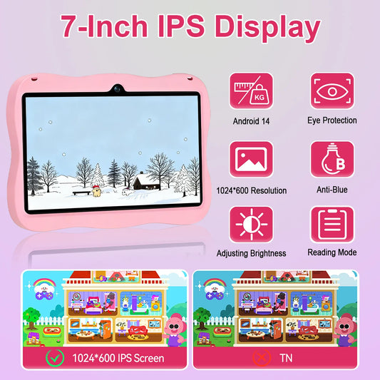Tablet Android 15 para Niños, 6000mAh, Octa-core, 7 Pulgadas, 4GB RAM, 64GB ROM, WiFi, BT, con Funda Protectora y Lápiz Óptico, Regalo para Niños