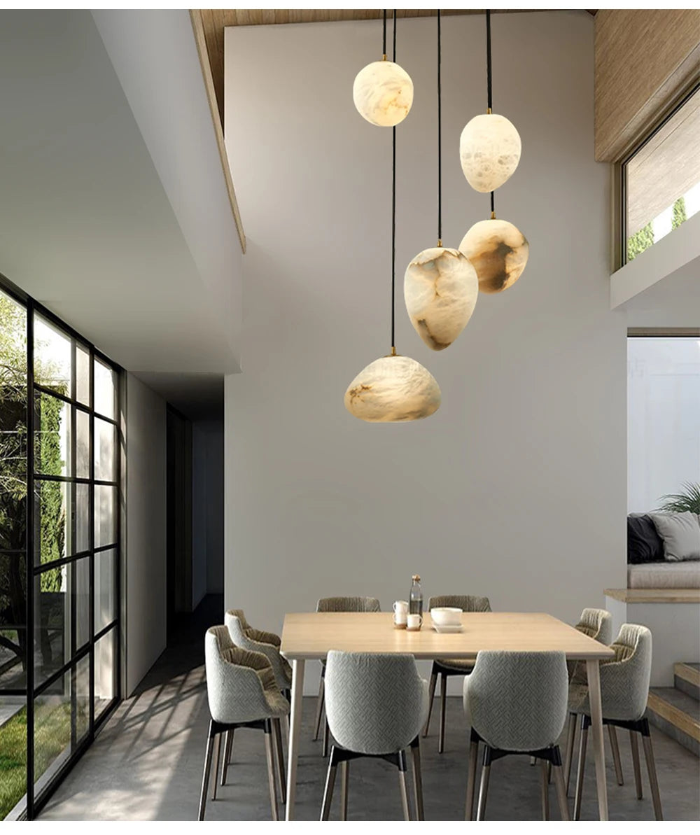 Iluminación colgante de piedra de mármol de alabastro de diseño moderno de alta gama, lámpara de decoración de escalera de isla de cocina española, lámpara de techo LED