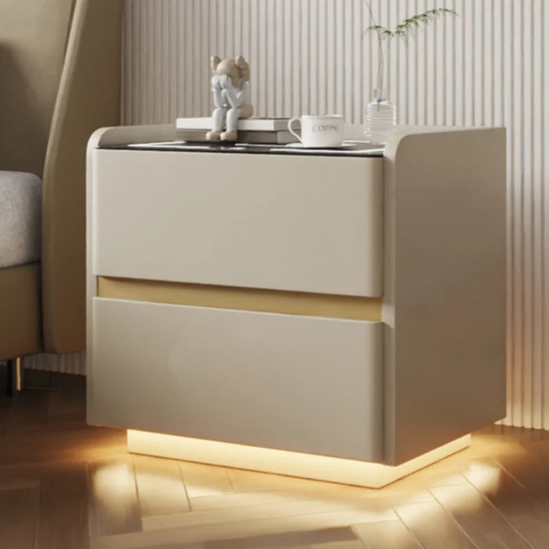 Mesita de noche inteligente de madera maciza con carga inalámbrica, mesita de noche de estilo moderno con 2 cajones y cerradura, armario lateral para el hogar