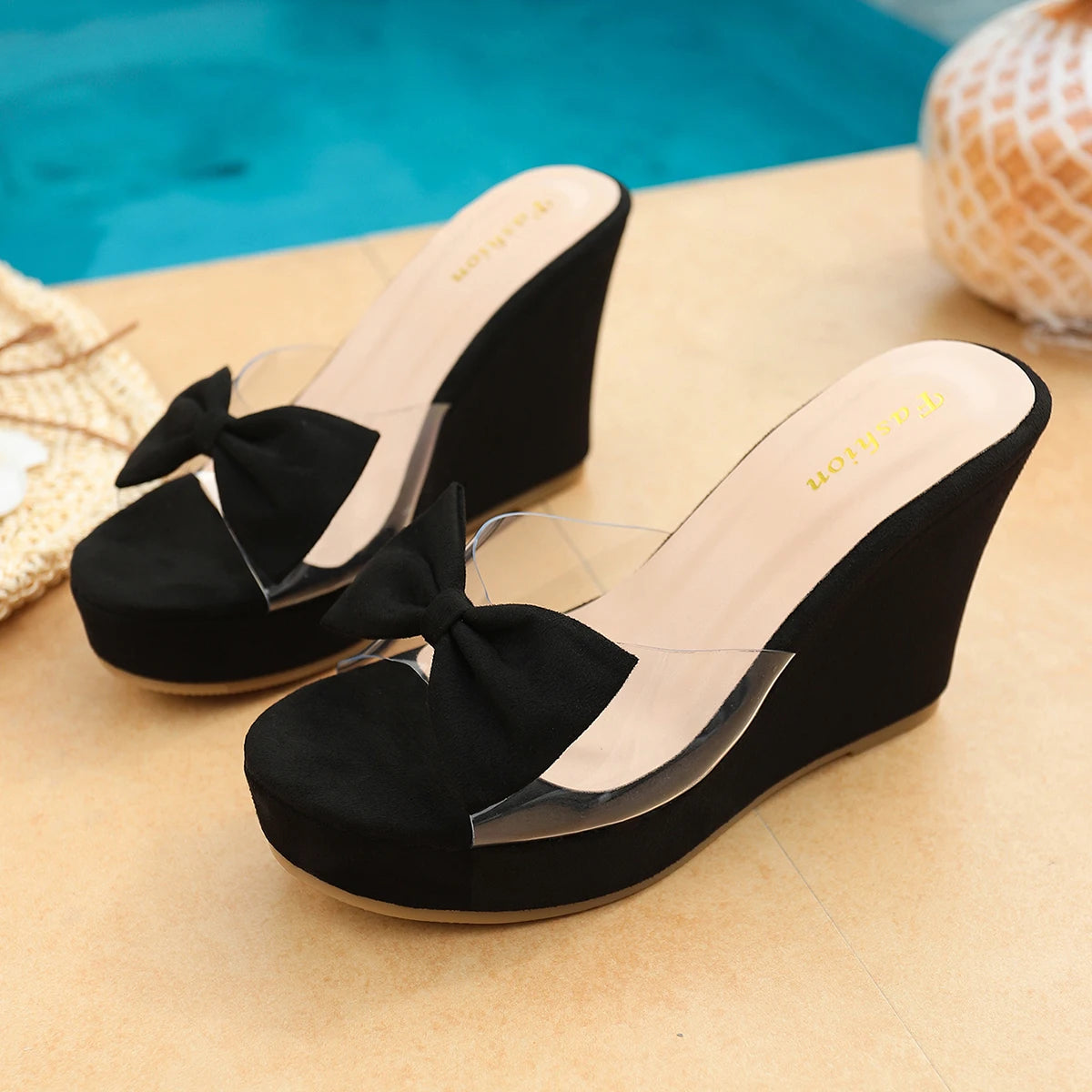 Sandalias de verano para mujer con tacón de cuña alto, estilo boca de pez, suela gruesa, para exteriores, con lazo dulce, de gamuza, para chicas y escolares