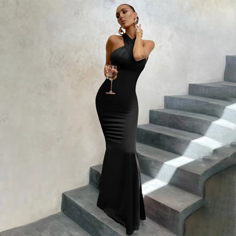 Vestidos de Fiesta Elegantes para Mujer, Vestido Maxi con Cuello Halter y Detalle Cruzado en la Parte Delantera, Vestido de Noche Ajustado