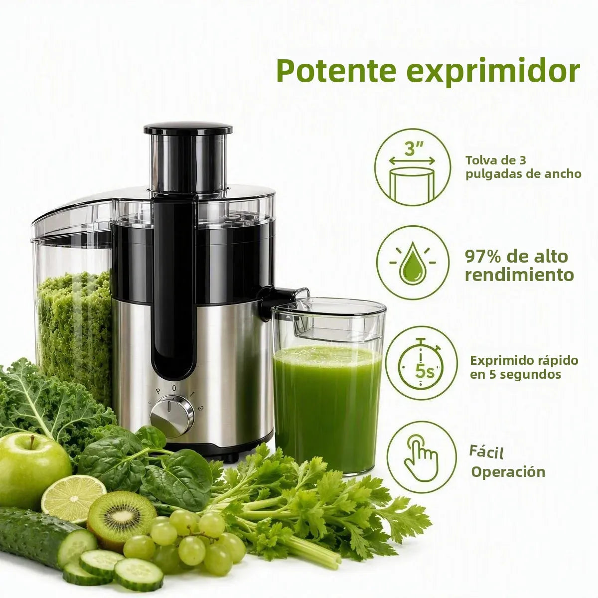 Exprimidor centrífugo, con conducto de alimentación de 3 pulgadas de ancho y 97% de alto rendimiento. CONDUCTO DE ALIMENTACIÓN GRANDE DE 3 PULGADAS: Admite alimentación directa de frutas y verduras enteras sin cortar