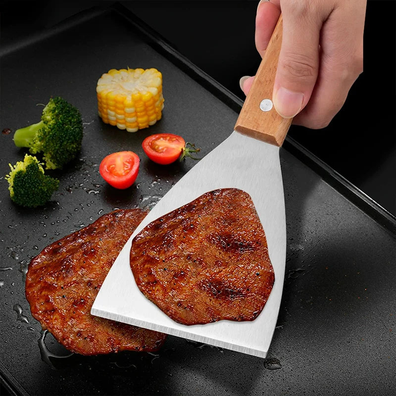 Espátula oblicua de acero inoxidable para carne, hamburguesa, panqueque, Pizza, pala raspadora, mango de madera, utensilios de barbacoa, herramientas de cocina