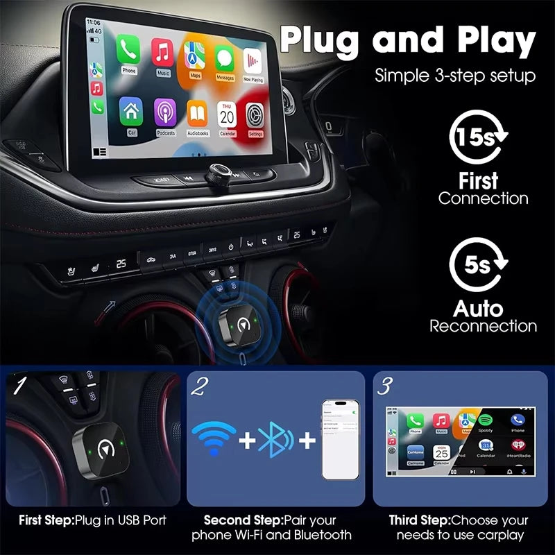 Adaptador Inalámbrico CarPlay 2 en 1, Plug-and-Play para iPhone 6 y Android 11 o superiores, Adaptador para Auto con Puerto USB/USB-C, Accesorio para Auto