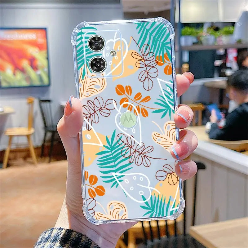Funda de teléfono transparente G54 flores y hierba para Motorola Moto G54 G53 G52 G72 G82 G13 G73 G32 G84 G14 G42 G24Power G30 G9