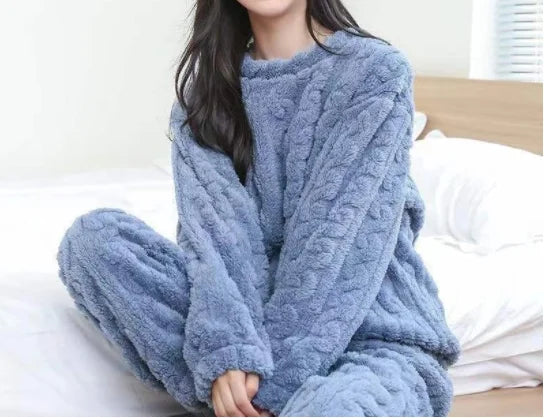 Otoño Invierno suelto dulce Casual pijamas conjunto de mujer de lana gruesa de manga larga Top hogar cintura elástica pantalones largos pantalones