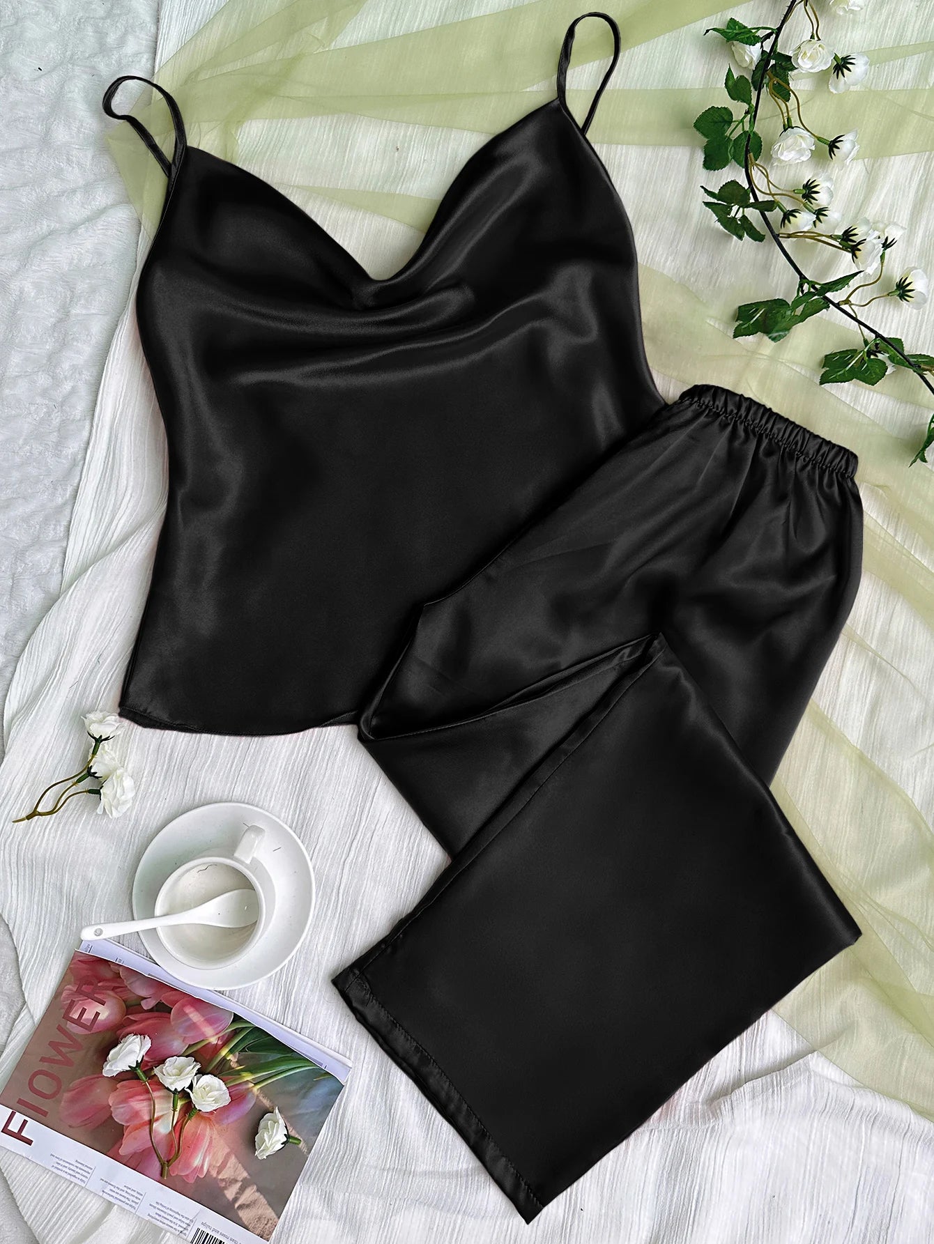 Conjunto de pijama de satén liso con cuello drapeado, Top camisola, pantalones con cintura elástica, ropa de dormir para mujer