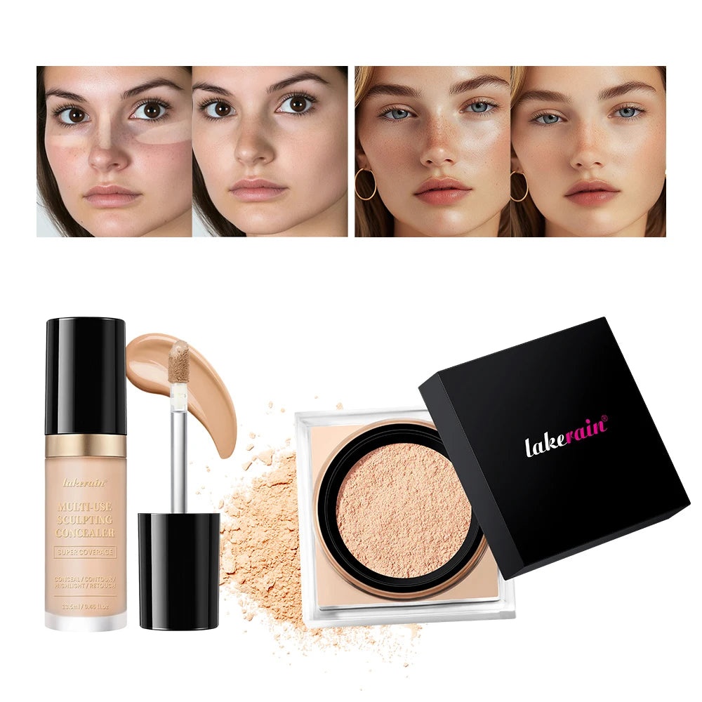 Juego de maquillaje facial de 2 piezas con corrector y polvo fijador suelto, acabado mate natural para el rostro, cosméticos para mujer, maquillaje coreano