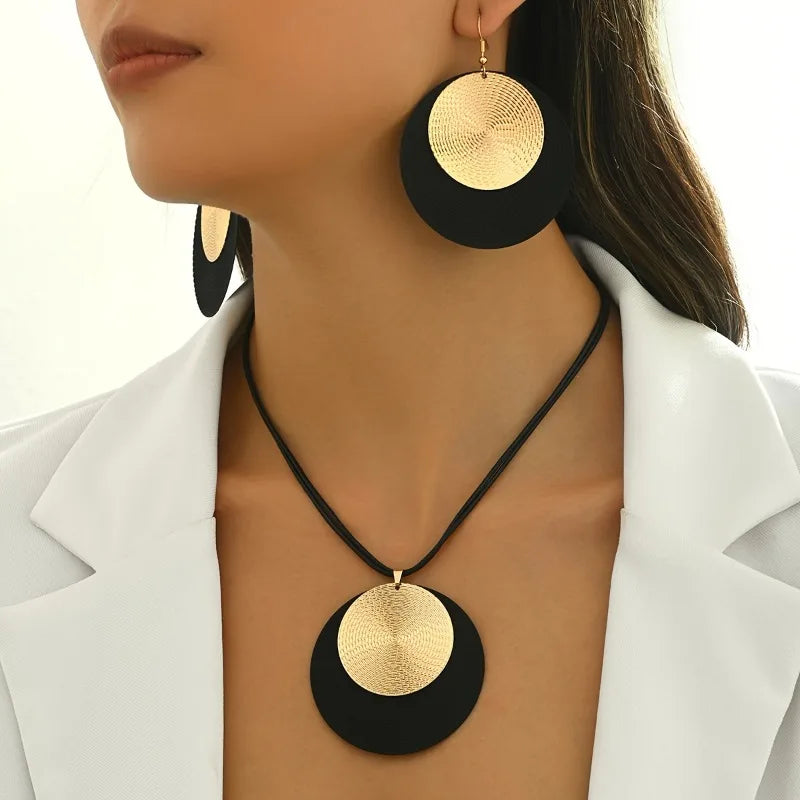 3 unid/set de pendientes redondos grandes, conjunto de Collar para mujer, cadenas de cuerda de PU exageradas, Collar con colgante geométrico de Metal, joyería