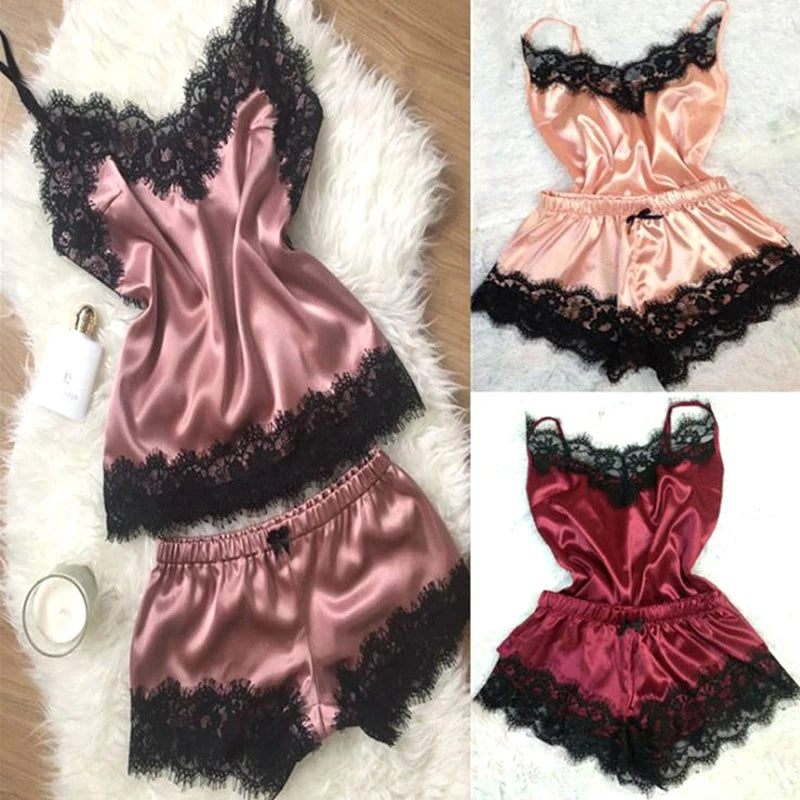 Conjunto de pijama de satén con encaje para mujer, ropa de dormir erótica, Sexy, con tirantes, a la moda