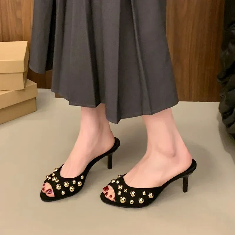 Novedad tacones finos Peep Toes Sandalias De Mujer cristal dedos cuadrados Slip On Mujer zapatillas sólido charol Zapatos Mujer 42