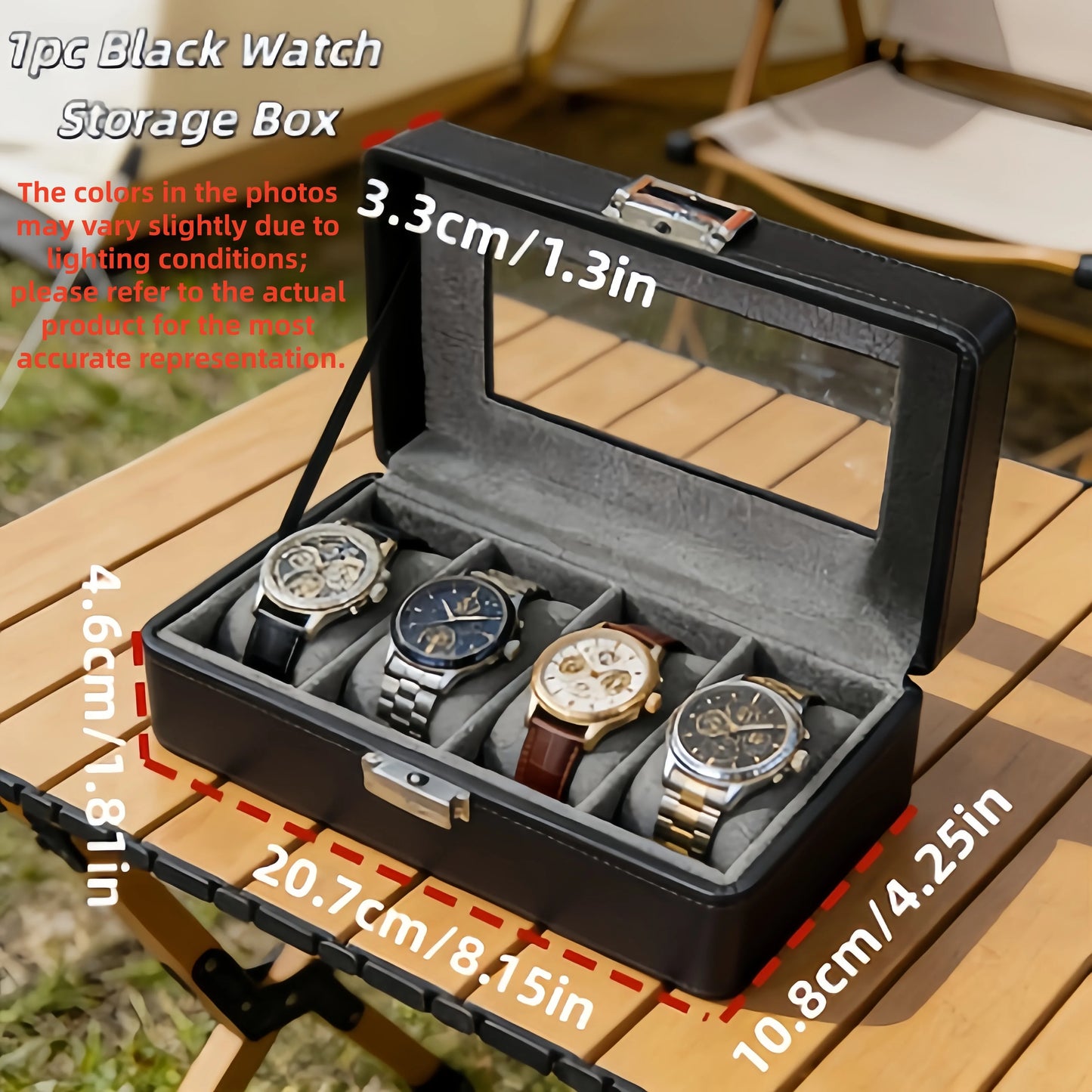 1 caja para relojes de 4 compartimentos, a prueba de polvo con ventana transparente, caja de exhibición y almacenamiento de relojes para hombres y mujeres