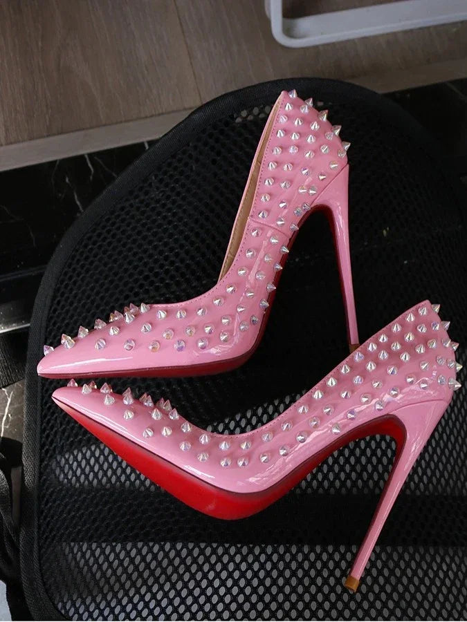 New Sexy Purple Inlaid Fashion High Heels Pink Rivet Professional Office Women's Shoes 12cm Large Temperament Single Shoes