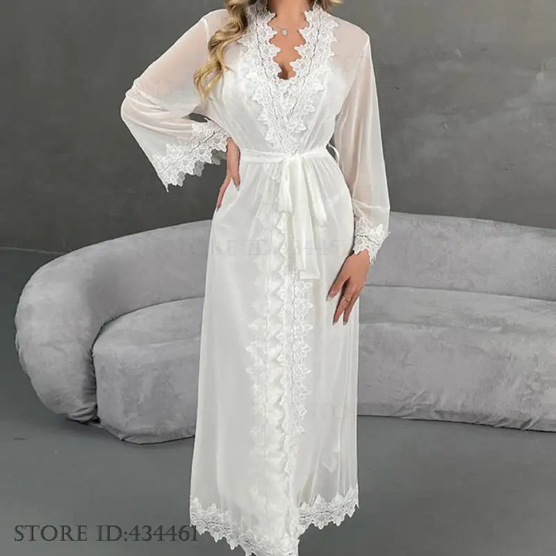 Conjunto de camisón y bata de encaje Sexy para mujer, camisón blanco de seda helada con tirantes, lencería, novedad de verano, ropa de dormir para el hogar