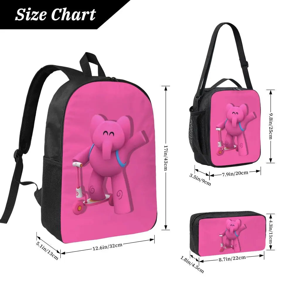 Mochila azul de dibujos animados de Pocoyo para niños, mochila escolar, bolsos de hombro para ordenador, bolsa de almuerzo aislada de 3 piezas, estuche para lápices