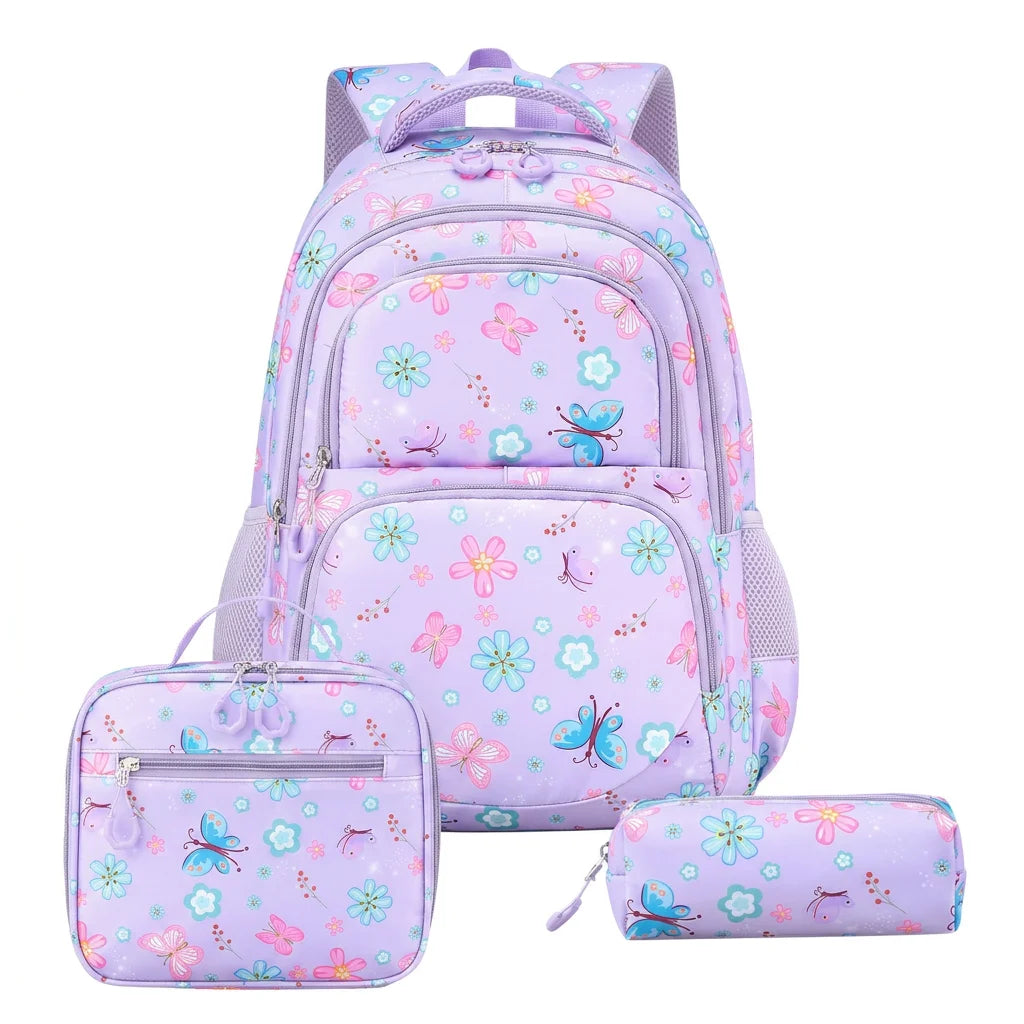 Juego de 3 Piezas de Mochila Escolar para Niños con Estampado de Mariposas y Flores, Resistente al Agua, Ligera, con Lonchera Aislada y Estuche para Lápices