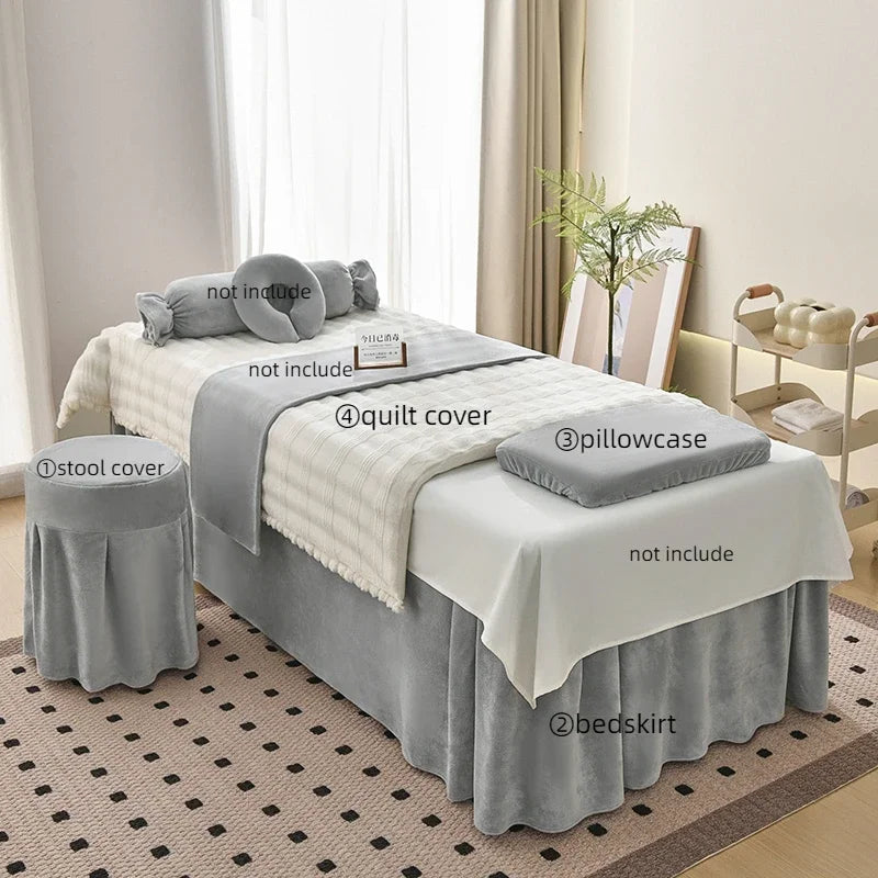Juego de cama gruesa de terciopelo de leche para salón de belleza, falda de cama de Spa para masaje, funda de almohada, funda de taburete y funda nórdica, Sábana de salón para Club, 4 Uds.