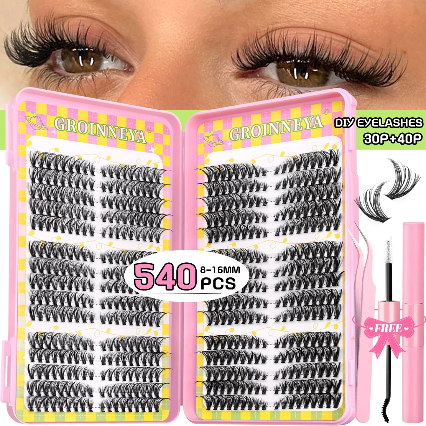 GROINNEYA Clusters de pestañas 540 Uds Kit de extensiones de pestañas de gato Kit de pestañas en racimo con Kit de maquillaje de pestañas Bond & Seal