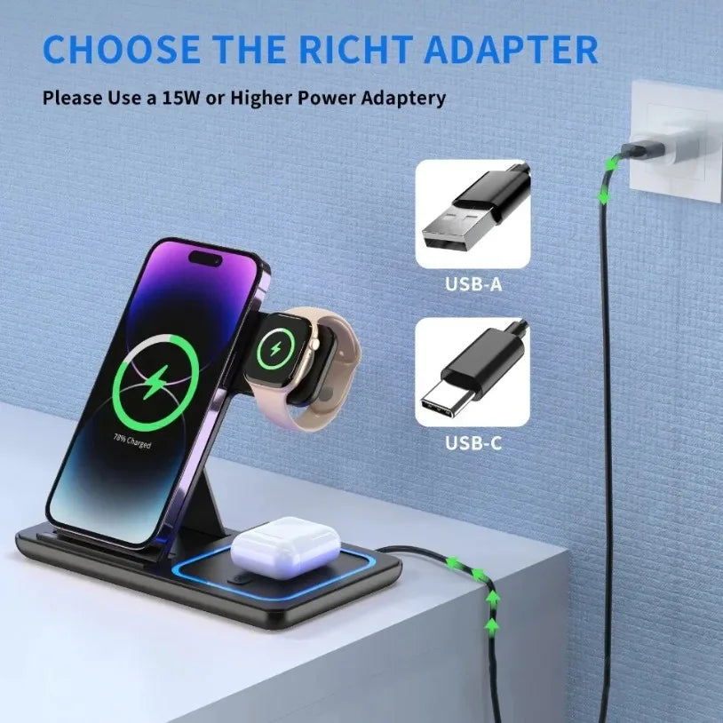 VIKEFON Estación de Carga Inalámbrica Plegable 3 en 1 para iPhone 17-12 Pro Max, iWatch Ultra y Airpods Pro, Base de Carga Rápida