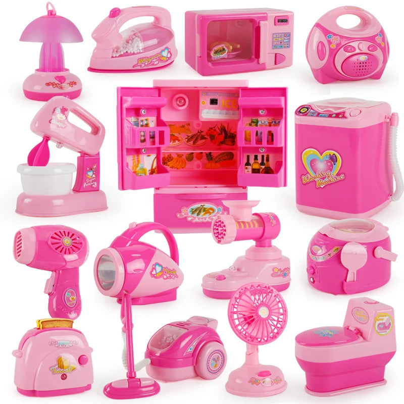 Casa de juegos de cocina simulada para niños, pequeños electrodomésticos, refrigerador, secador de pelo por microondas, máquina de café, hervidor eléctrico de juguete