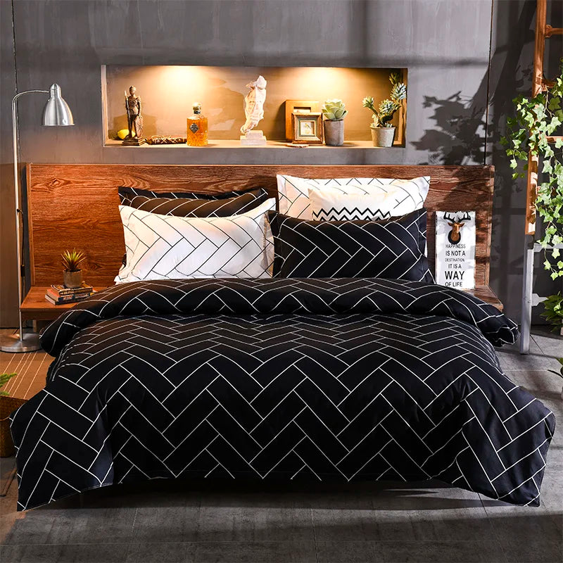 Funda de edredón Reversible, juego de cama de 3 piezas, funda de edredón geométrica en blanco y negro con 2 fundas de almohada, Queen y King