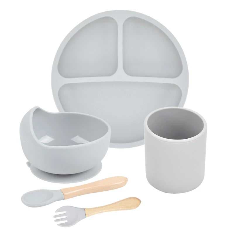 Juego de alimentación de silicona para bebé, cuenco de silicona, plato de comedor, cuchara, tenedor, platos para niños, vajilla de silicona sin BPA, 3/4/5 Uds.