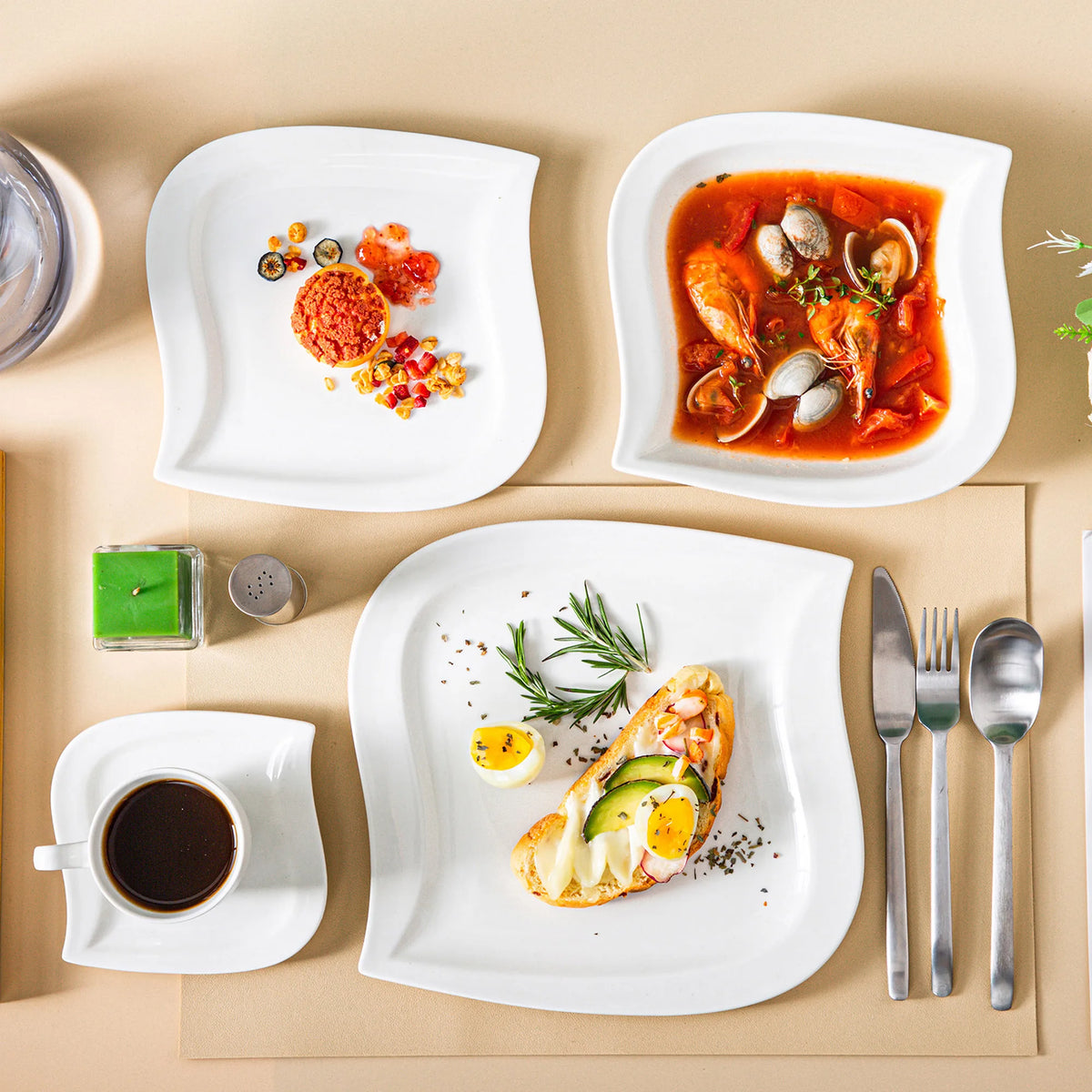 MALACASA-Juego de vajilla de porcelana blanca, juego de tazas, platillos, platos de cena, postre, sopa, servicio de vajilla para 30/60, 6/12 piezas