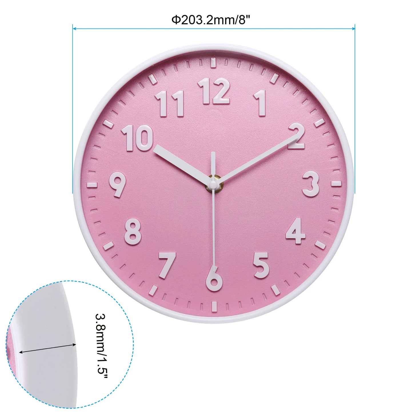Reloj de pared de 8 pulgadas Número 3D Relojes de pared redondos silenciosos sin tictac con pilas de cuarzo para oficina dormitorio decorativo rosa