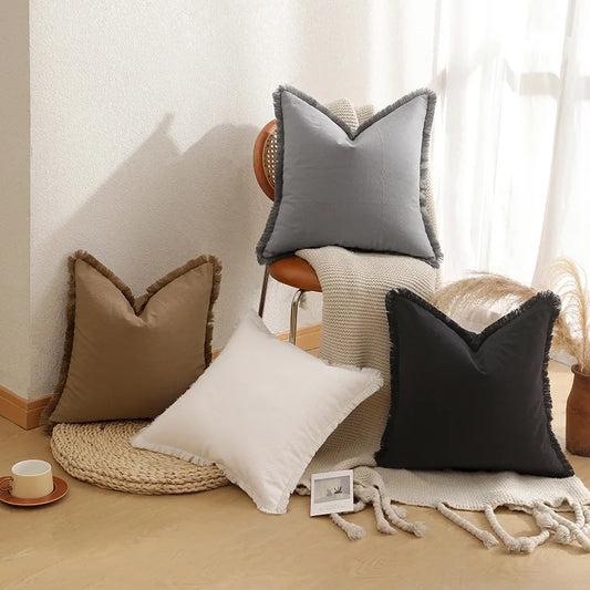 Funda de cojín de algodón de 45x45cm con borlas de Color sólido, funda de almohada decorativa para cama, sala de estar, sofá, decoración moderna nórdica para el hogar